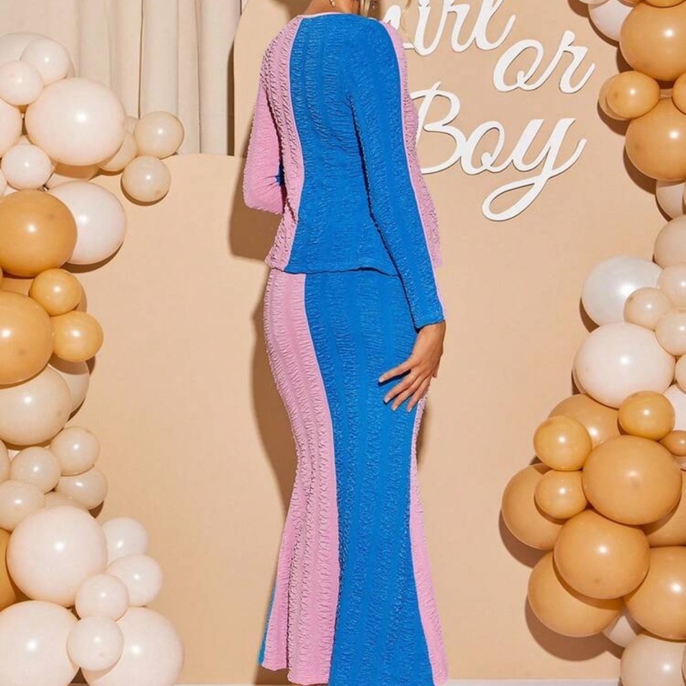Maternity Gender Reveal Dress Pink Blue Color Block Ribbed Bodycon Maxi Dress xl - Picture 2 of 6
